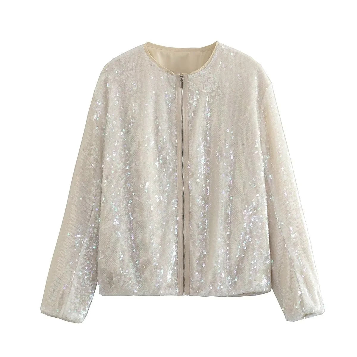 Fashion Sequined Round Neck Top Coats-Shirts & Tops-White-S-Free Shipping Leatheretro
