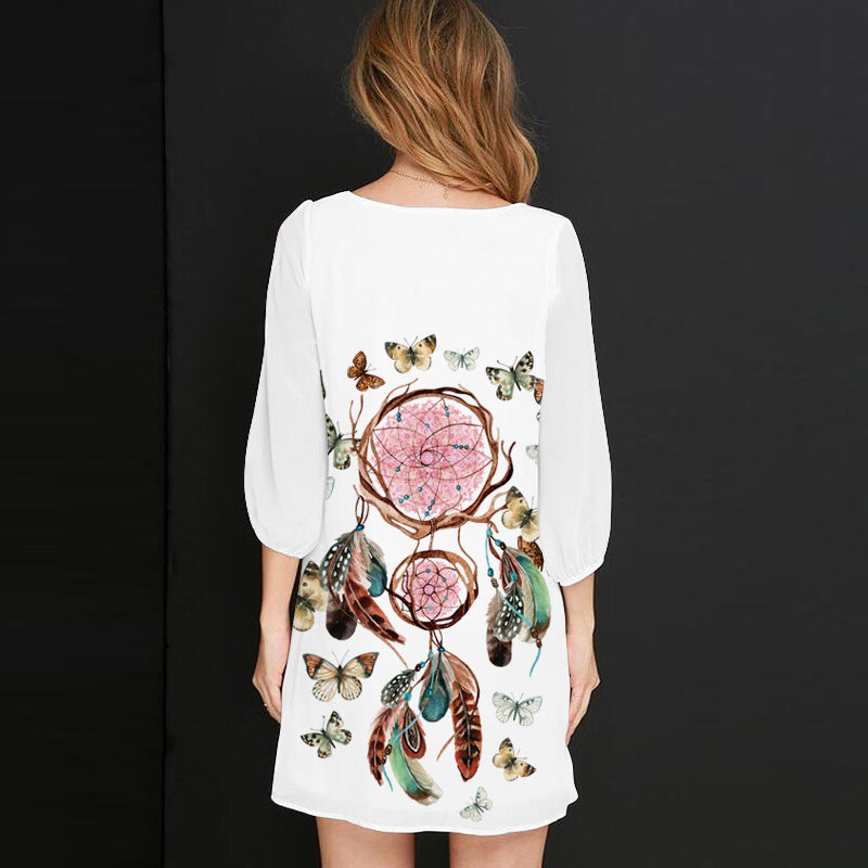 Casual 3/4 Sleeves Dream Catcher Short Dresses-Dresses-8130-26-S-Free Shipping Leatheretro