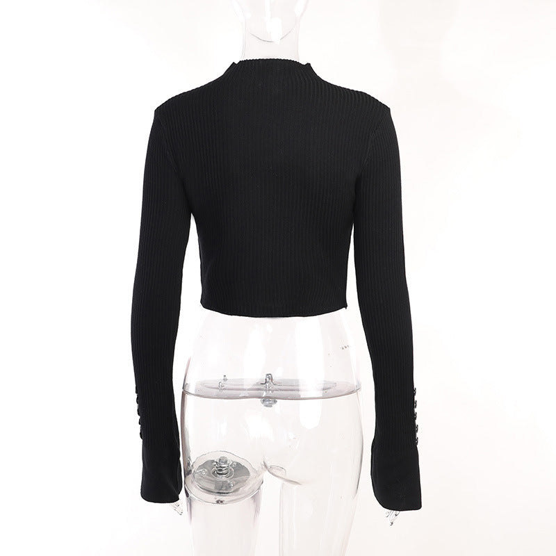 Elegant Turtleneck Short Knitted Tops-Shirts & Tops-Black-S-Free Shipping Leatheretro