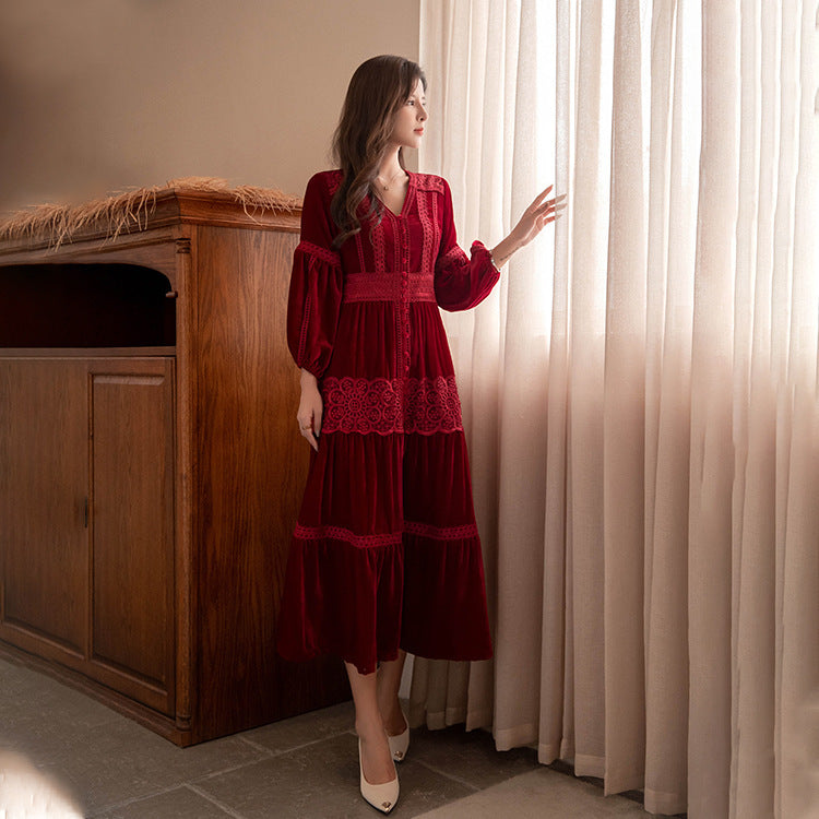 Vintage Long Sleeves Winter Dresses-Dresses-Wine Red-S-Free Shipping Leatheretro