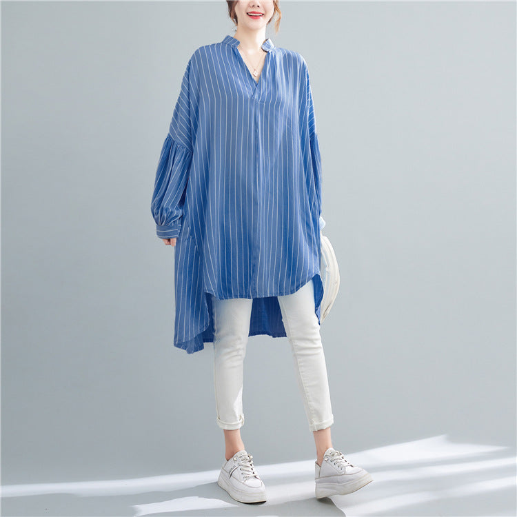 Designed Striped Long Shirts Dresses for Women-Dresses-Black-One Size-Free Shipping Leatheretro