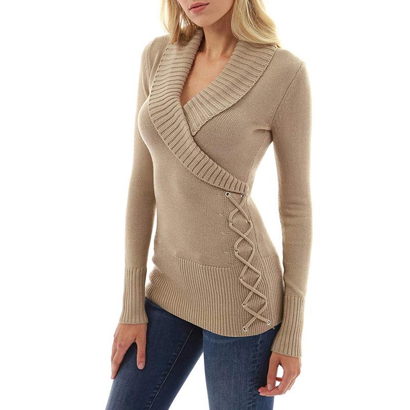 Fall/winter V Neck Tight Sweaters-Sweater&Hoodies-Khaki-M-Free Shipping Leatheretro