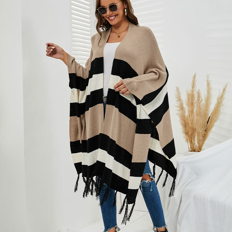 Women Plus Sizes Tassels Knitting Capes-Shirts & Tops-Black-S-Free Shipping Leatheretro