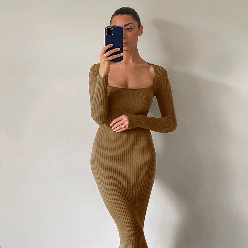 Sexy Square Neckline Long Sleeves Knitting Long Dresses-Dresses-Brown-S-Free Shipping Leatheretro
