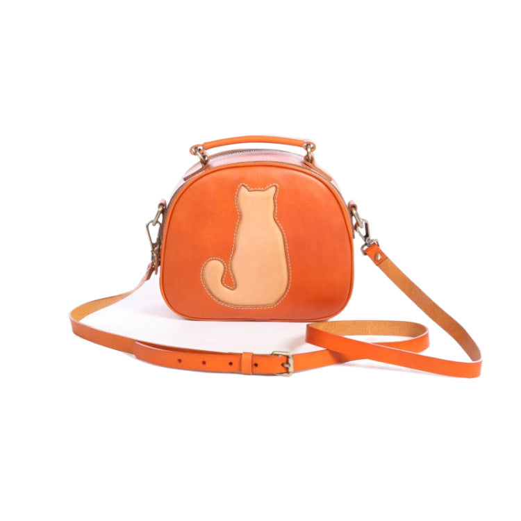 Cute Cat Design Handmade Vege Tanned Leather Bag for Women-Handbags-Wine Red-Free Shipping Leatheretro