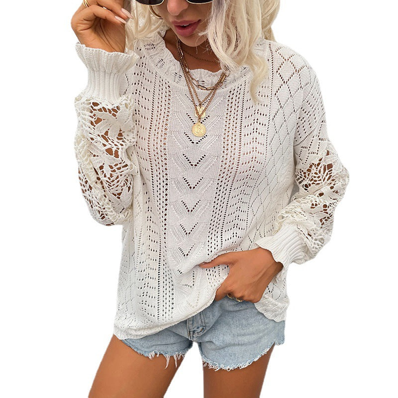 Women Lace Knitting Hollow Out Sweaters-Shirts & Tops-White-S-Free Shipping Leatheretro