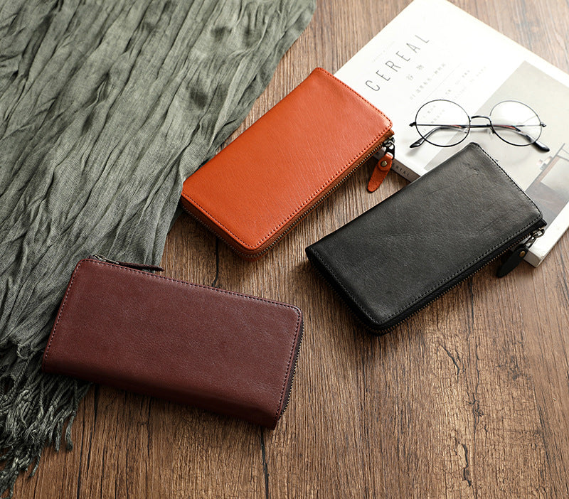 Vintage Vege Tanned Leather Long Zipper Wallets 19055-Handbags, Wallets & Cases-Black-Free Shipping Leatheretro