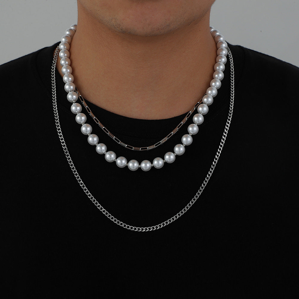 Fashion Hip Top Style Pearl Necklace for Men-Chains-F-Free Shipping Leatheretro