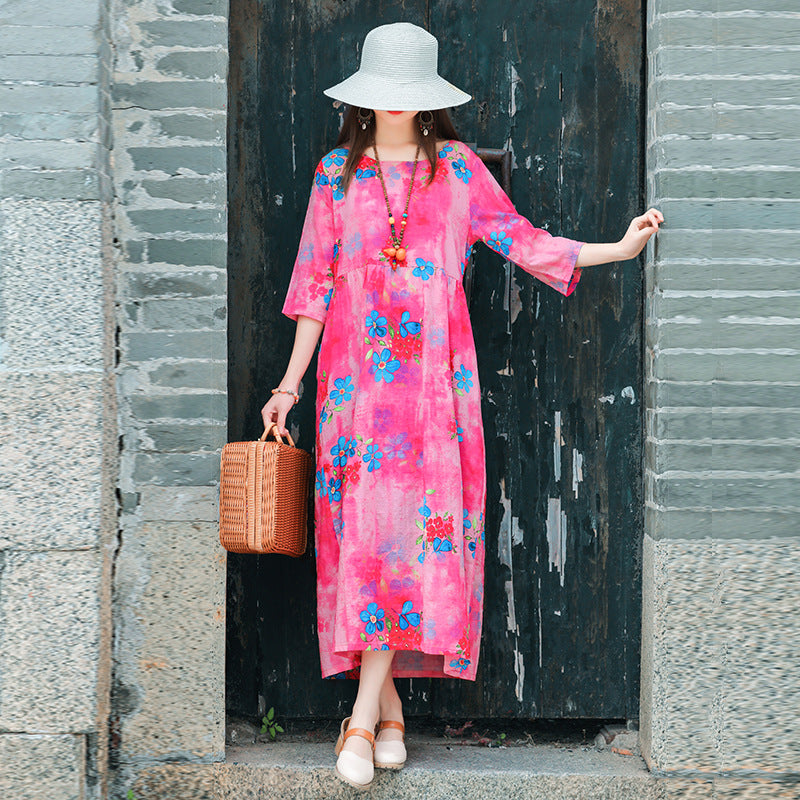 Ethinc Line Summer Half Sleeves Women Long Dresses-Dresses-Pink（887）-M-Free Shipping Leatheretro