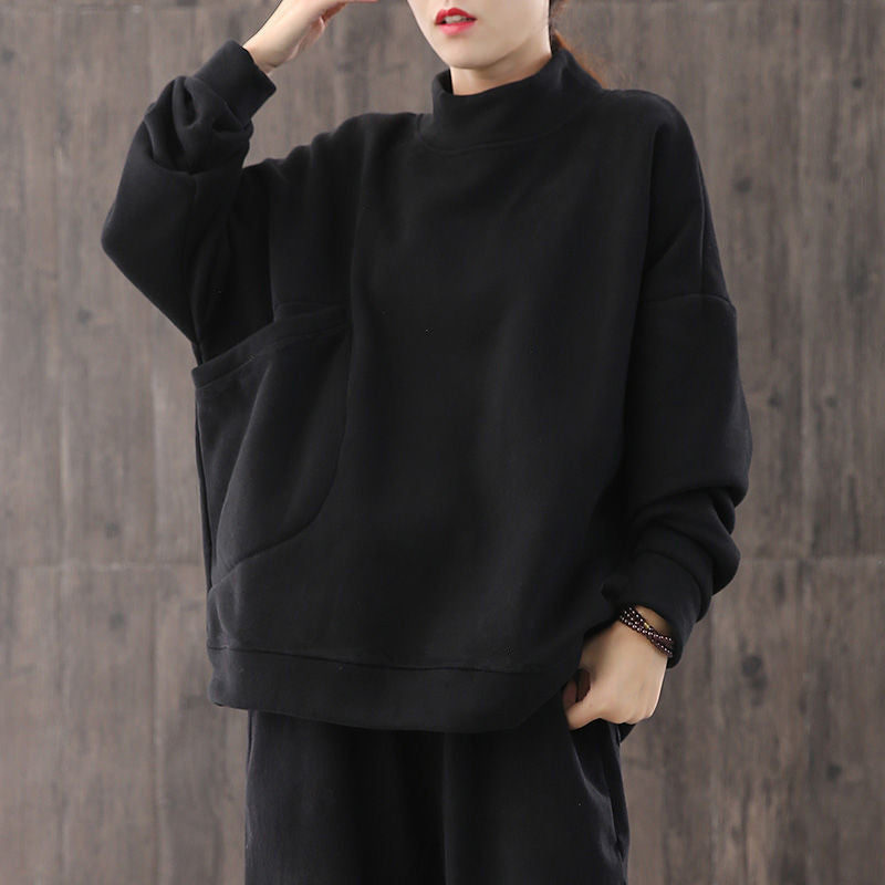 Women High Neck Velvet Pullover Tops-Shirts & Tops-Black-M Under 55kg-Free Shipping Leatheretro