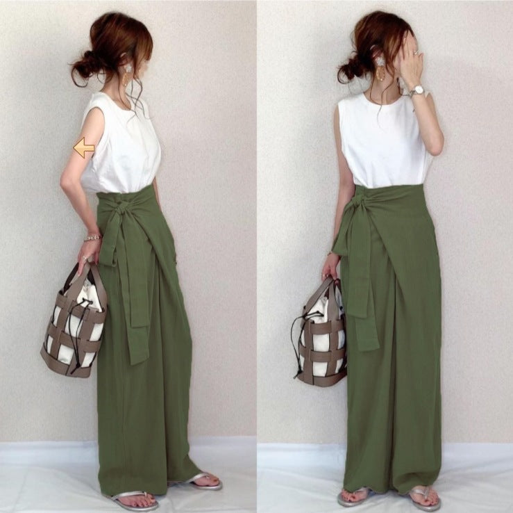 Casual High Waist Linen Lace Up Women Cozy Pants-Pants-Army Green-M-Free Shipping Leatheretro