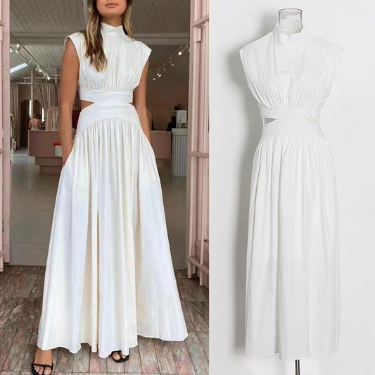 Designed Stand Collar Sleeveless Women Long Dresses-Dresses-White-S-Free Shipping Leatheretro