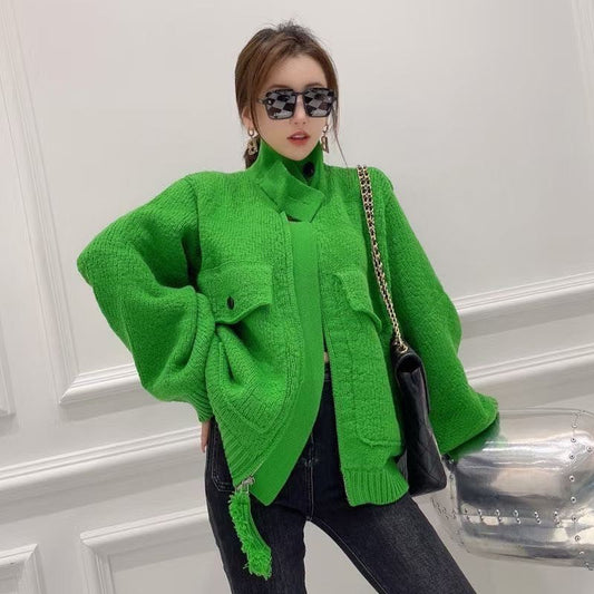Women Zipper Knitting Cardigan Sweater Coats-Shirts & Tops-Green-One Size-Free Shipping Leatheretro