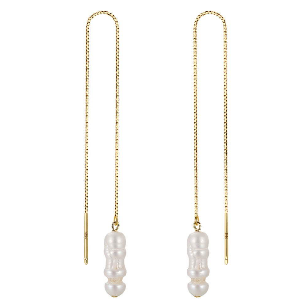 Fresh Water Pearl Gold Plated Sterling Silver Drop Earrings-Earrings-13cm(5.1inch)-Free Shipping Leatheretro