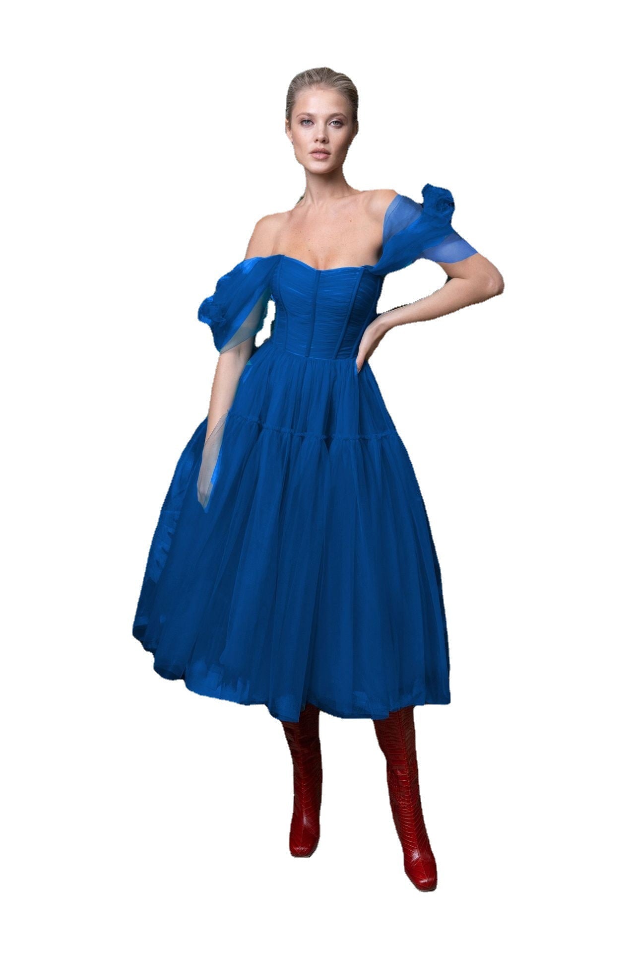 Blue Off The Shoulder Tulle Princess Dresses-Dresses-Blue-S-Free Shipping Leatheretro