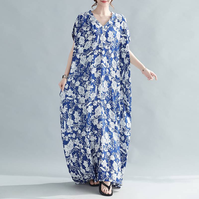 Women Summer Plus Sizes Long Dresses-Dresses-Blue Flower-One Size (50-120 kg)-Free Shipping Leatheretro