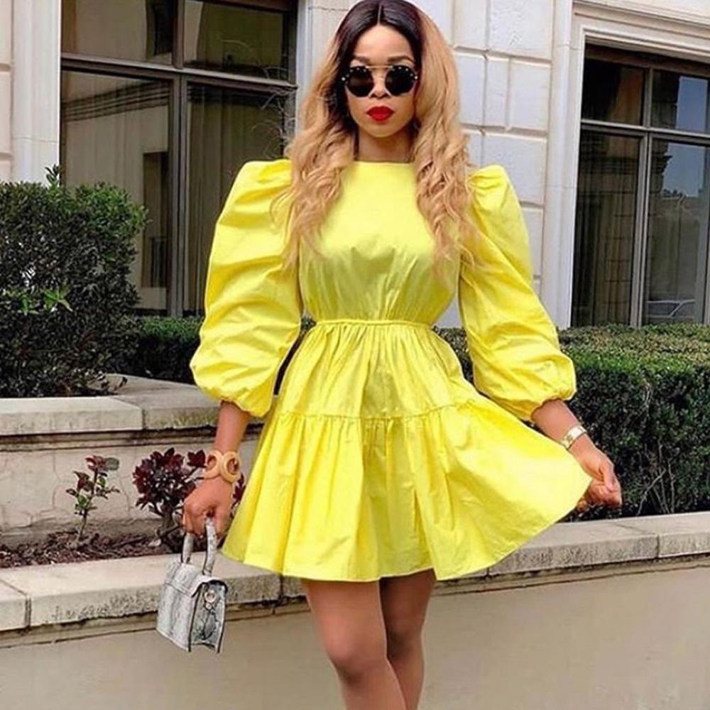 Yellow Women Ruffled Plus Sizes Short Dresses-Mini Dresses-Yellow-S-Free Shipping Leatheretro