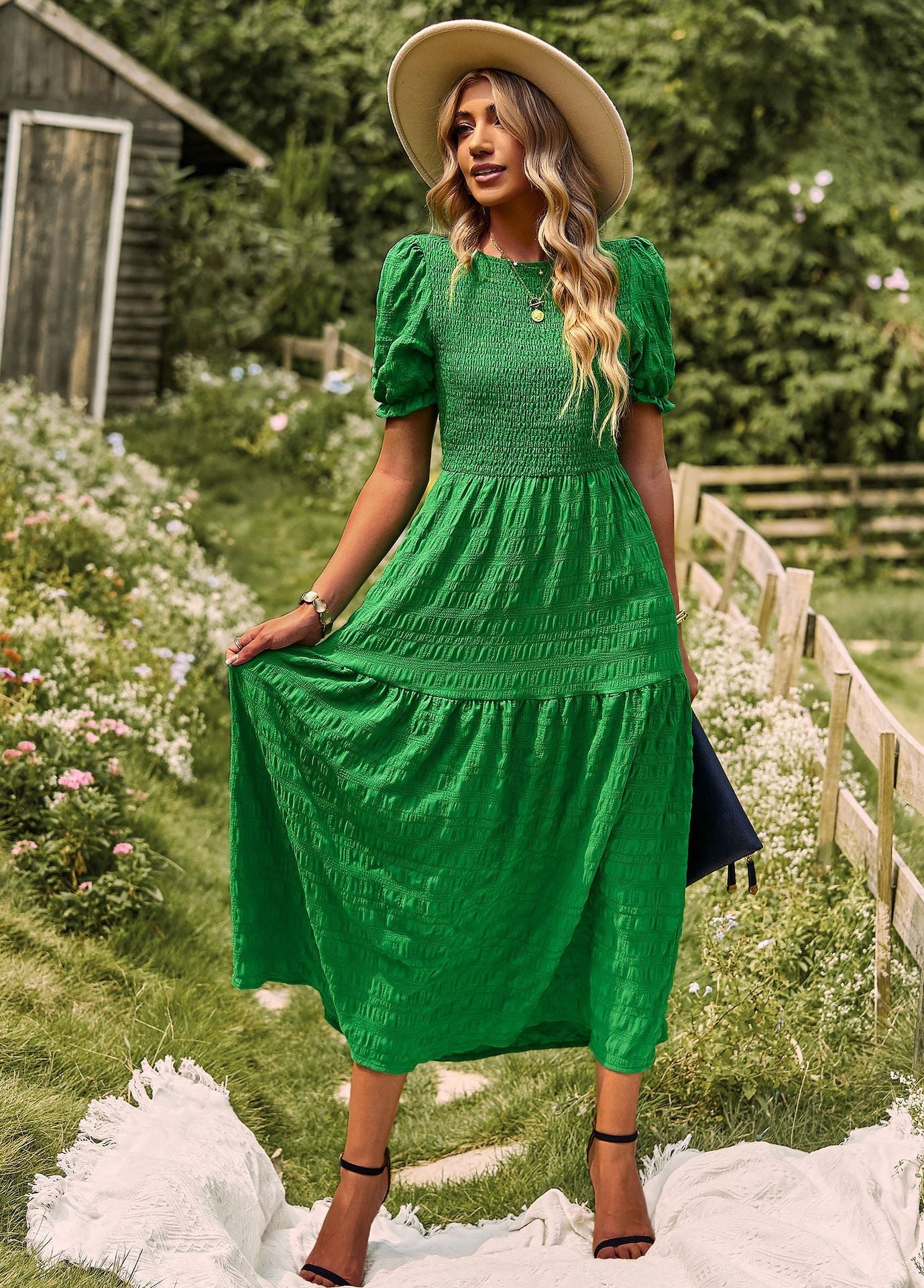 Casual Short Sleeves A Line Midi Dresses-Dresses-Green-S-Free Shipping Leatheretro