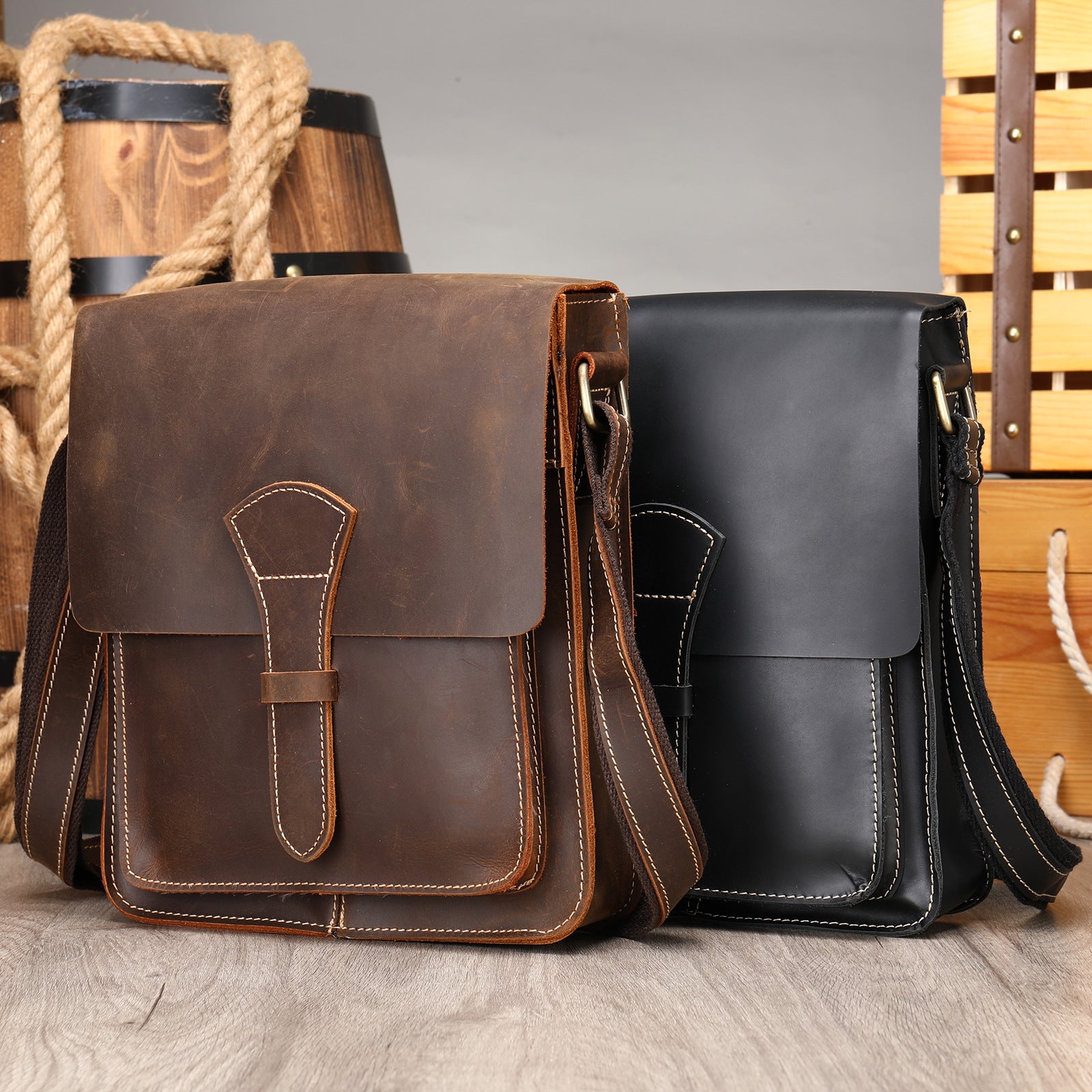 Handmade Vintage Small Men's Leather Small Bags 1093-Men's Bags-Black-Free Shipping Leatheretro