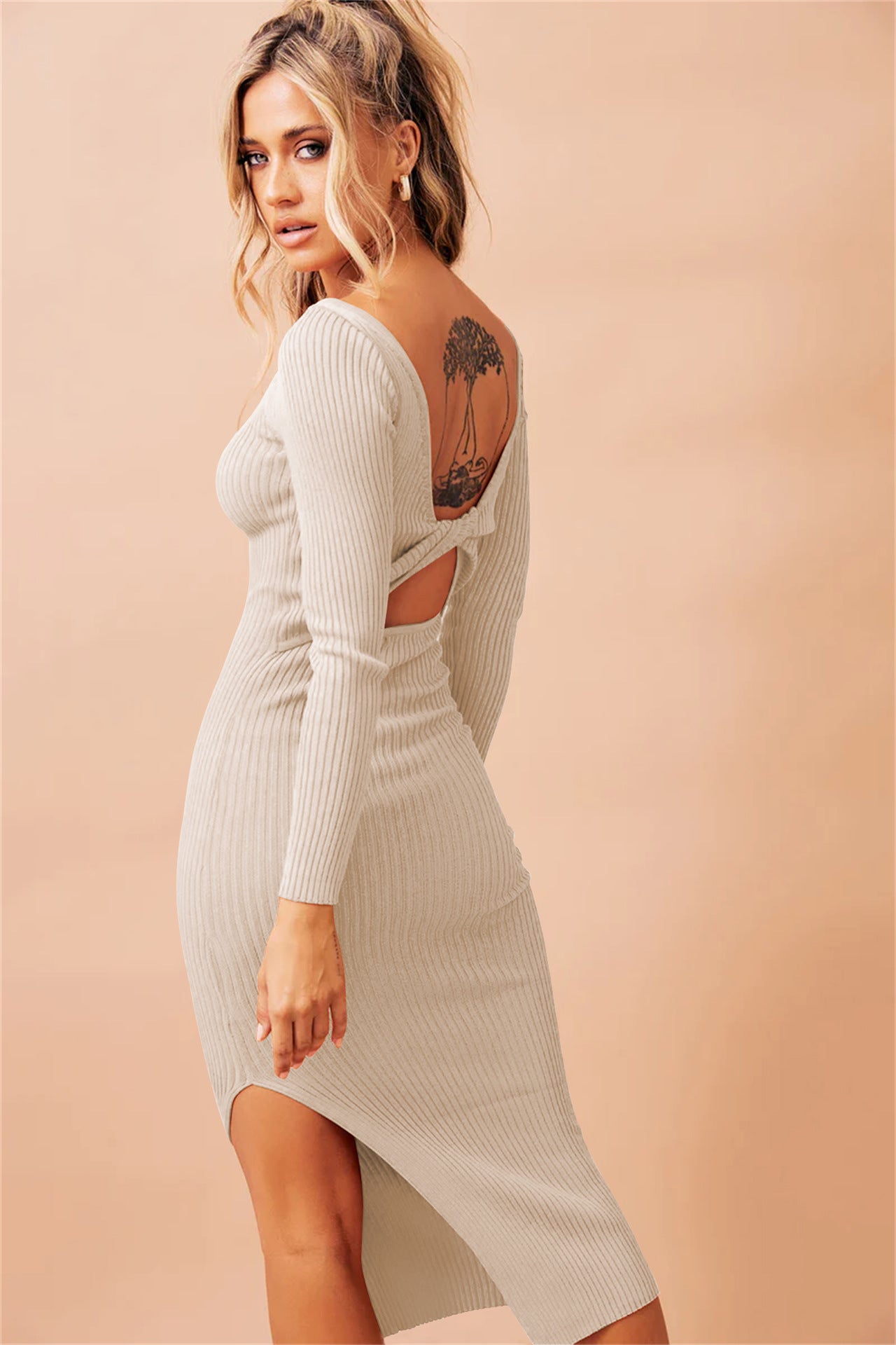 Sexy Double Side Long Sleeves Tight Knitted Dresses-Dresses-Black-S-Free Shipping Leatheretro