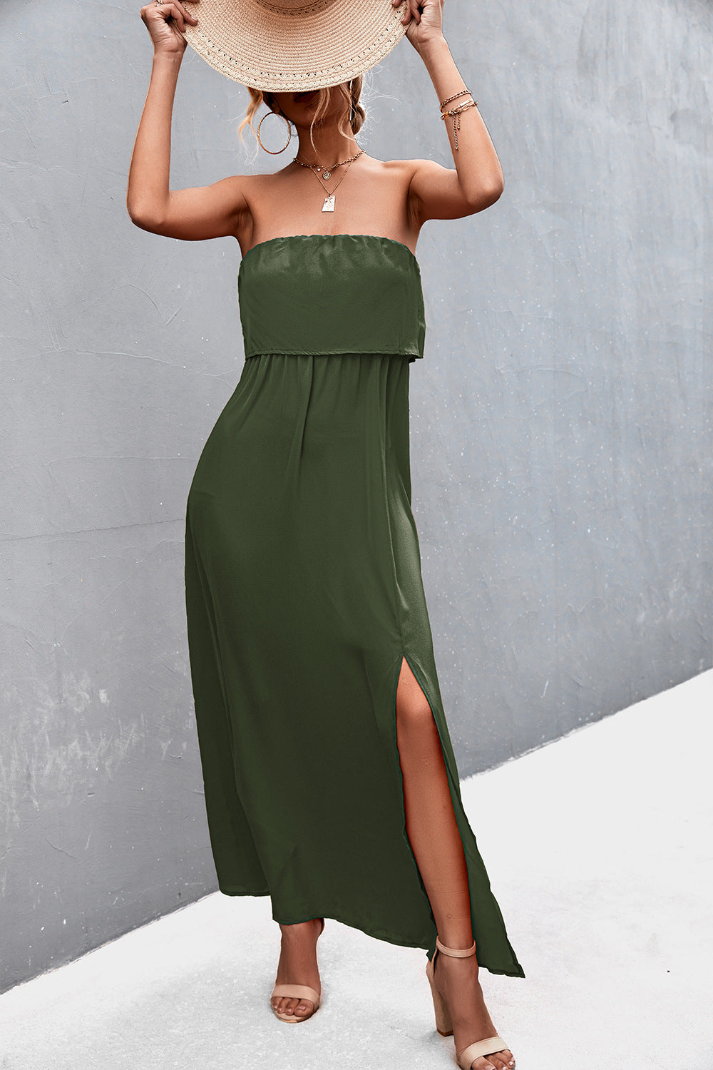 Sexy Strapless Summer Daily Dresses-Dresses-Army Green-S-Free Shipping Leatheretro