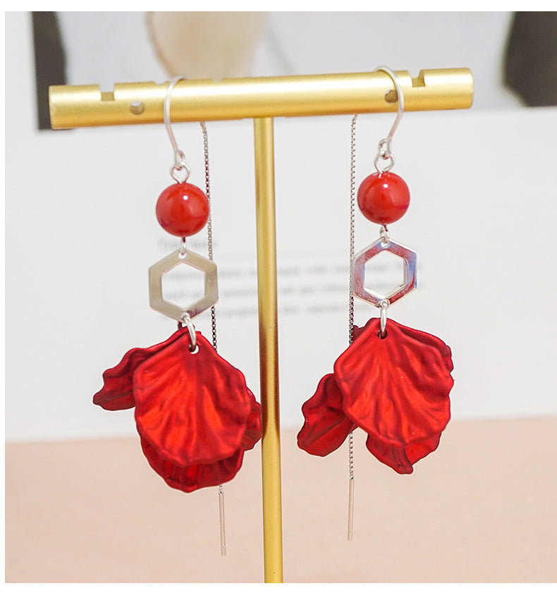 Red Petal Design Women Sterling Silver Dangle Earrings-Earrings-Red-Free Shipping Leatheretro