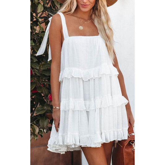 Casual Summer Ruffled Cake Style Mini Dresses-Dresses-White-S-Free Shipping Leatheretro
