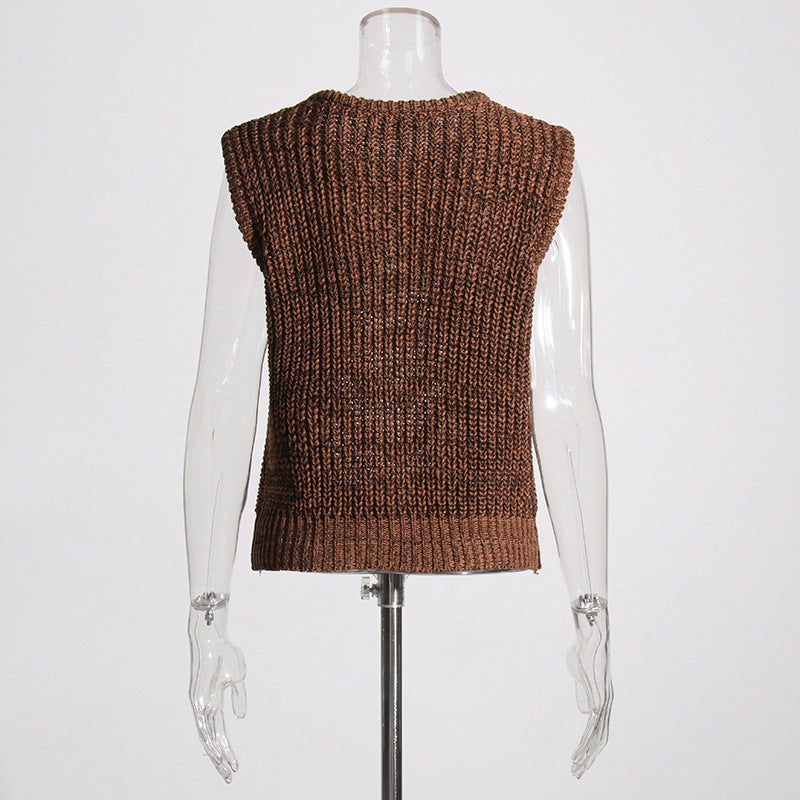 Vintage Brown Knitted Tank Top Vest for Women-Shirts & Tops-Brown-S-Free Shipping Leatheretro