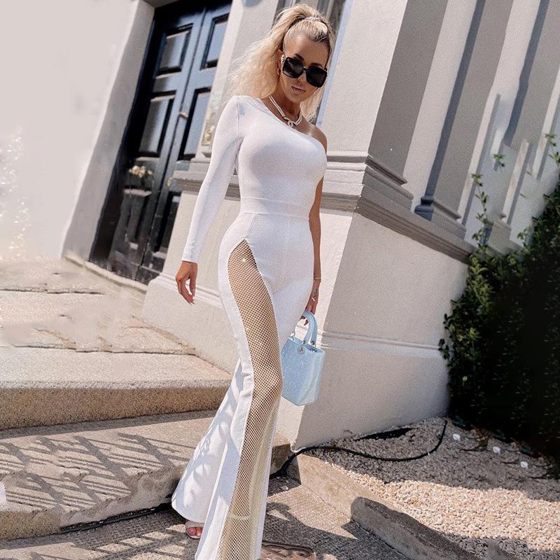 Sexy One Shoulder Tulle Diamond Jumpsuits for Women-Jumpsuits & Rompers-White-S-Free Shipping Leatheretro