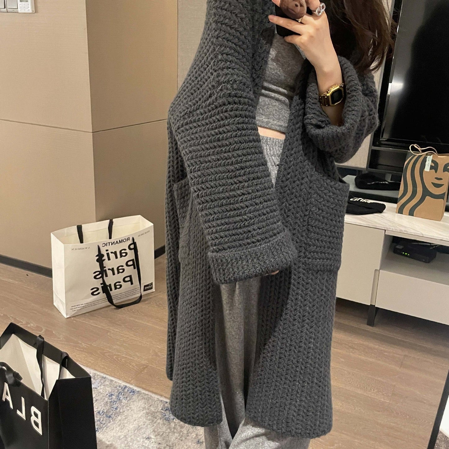 Casual Knitted Midi Length Top Coats-Outerwear-Gray-One Size-Free Shipping Leatheretro
