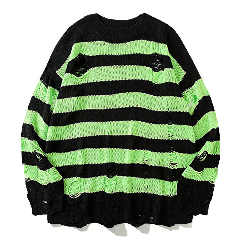 Casual Broken Holes Striped Knitting Sweaters for Couple-Shirts & Tops-Green-S-Free Shipping Leatheretro