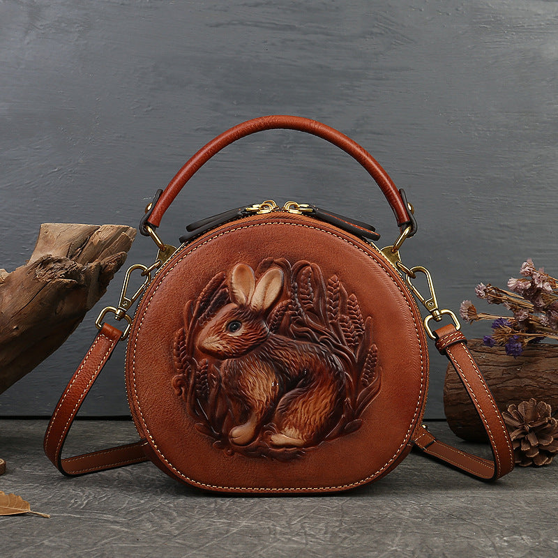 Vintage Embossing Rabbit Round Shape Shoulder Handbags 6223-Handbags-Brown-Free Shipping Leatheretro