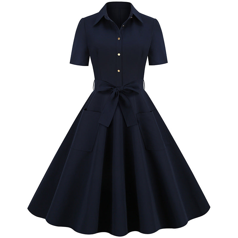 Elegant Short Sleeves Ball Dresses with Belt-Dresses-Navy Blue-S-Free Shipping Leatheretro