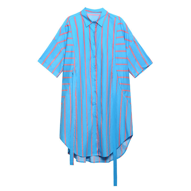Vintage Striped Summer Short Shirts Dresses-Dresses-Blue-One Size-Free Shipping Leatheretro