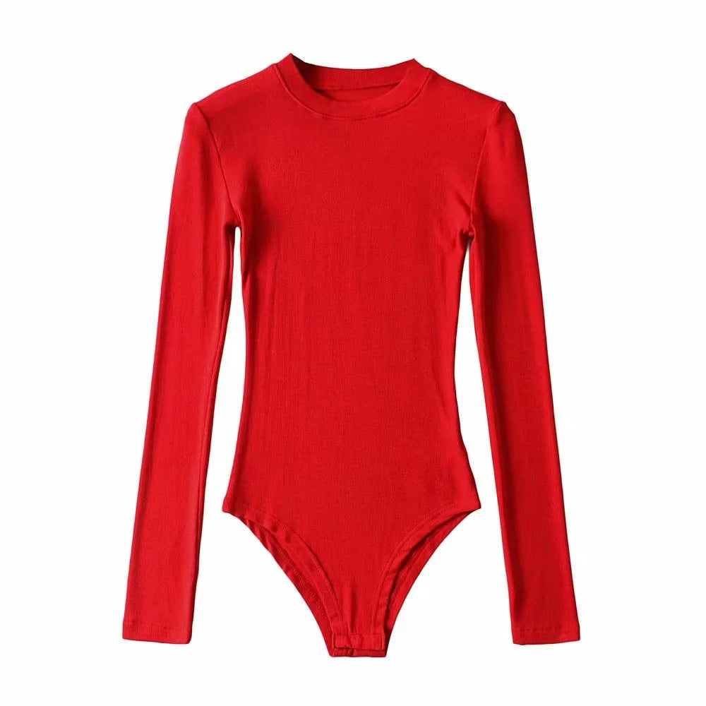 Sexy Tight Round Neck Long Sleeves Romper Shirts-Shirts & Tops-Red-S-Free Shipping Leatheretro