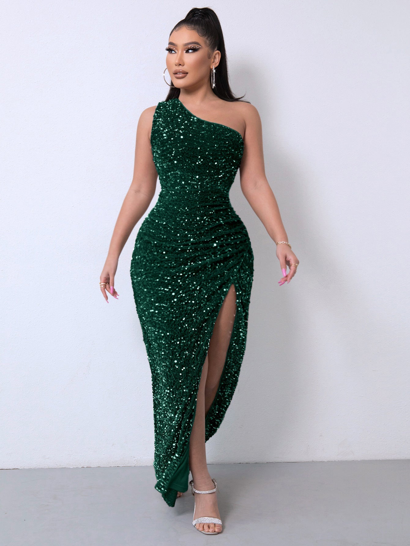 Sexy Fashion One Shoulder Sleeves Party Dresses-Dresses-Dark Green-S-Free Shipping Leatheretro