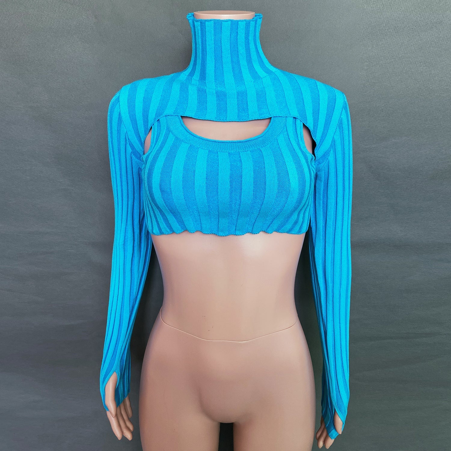 Sexy High Neck Knitting Women Short Tops Suits-Shirts & Tops-Blue-S-Free Shipping Leatheretro