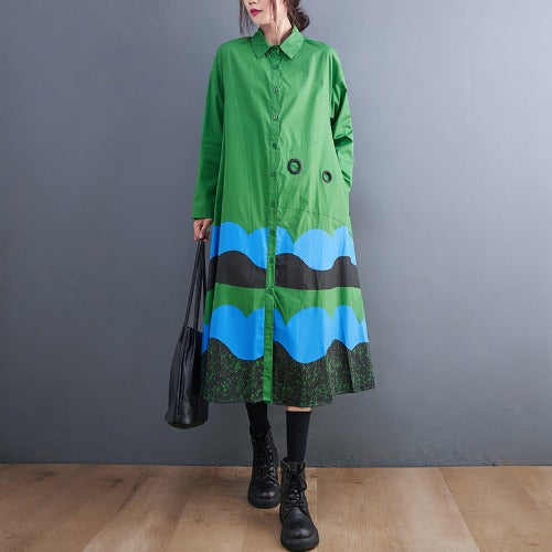 Vintage Plus Sizes Fall Long Shirt Dresses-Dresses-Green-L-Free Shipping Leatheretro