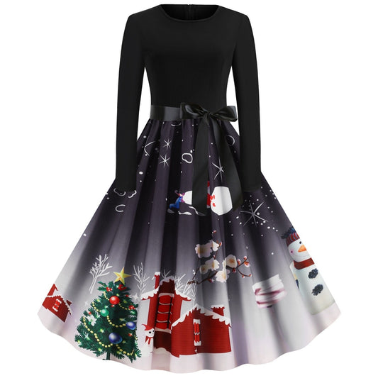 Christmas Vintage Round Neck Women Dresses-Christmas-Red-S-Free Shipping Leatheretro