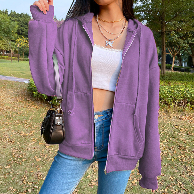 Casual Zipper Velvet Long Sleves Women Hoody Tops-Outerwear-Purple-S-Free Shipping Leatheretro