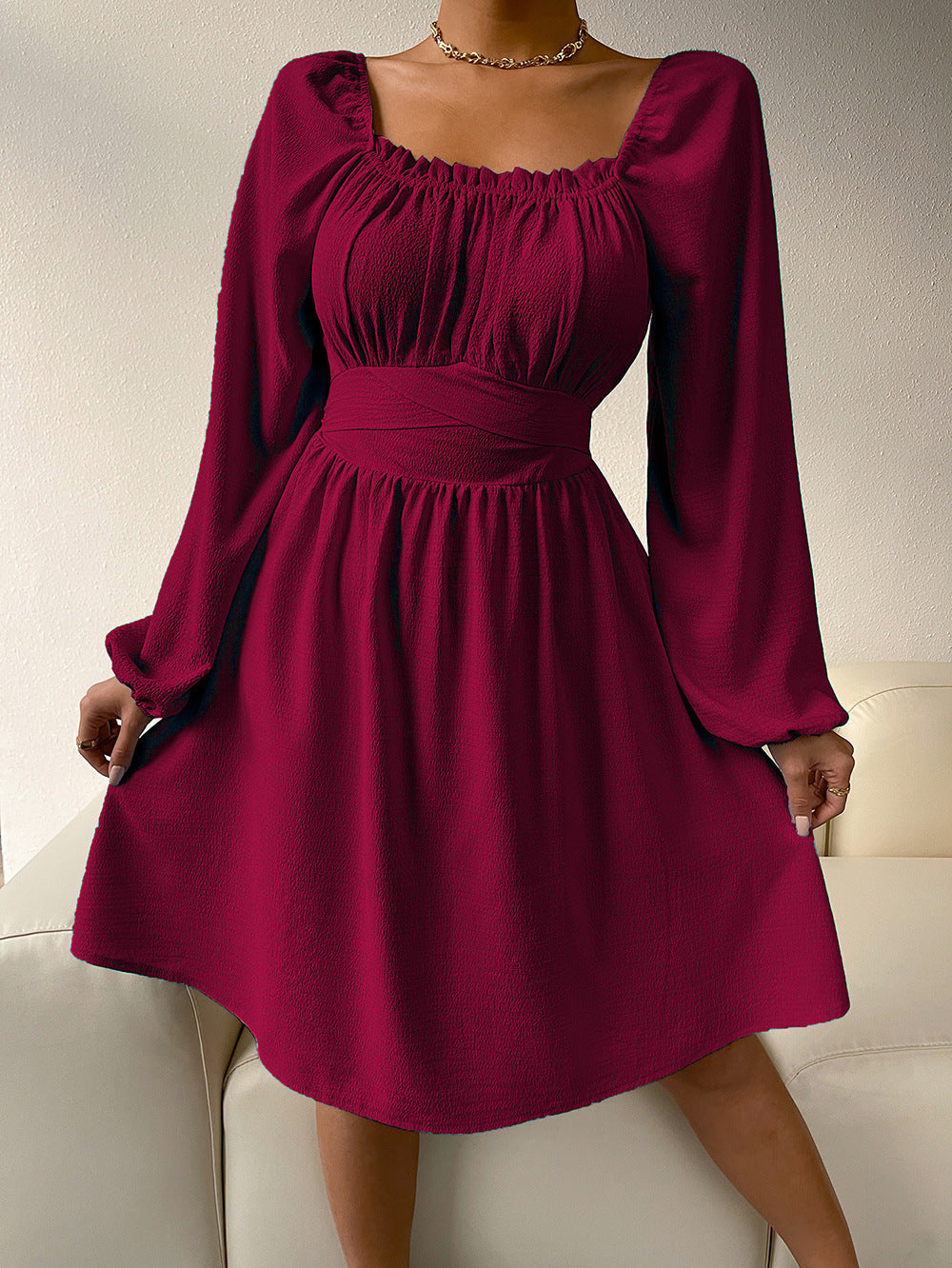 Casual Fall A Line Dresses for Women-Dresses-Wine Red-S-Free Shipping Leatheretro