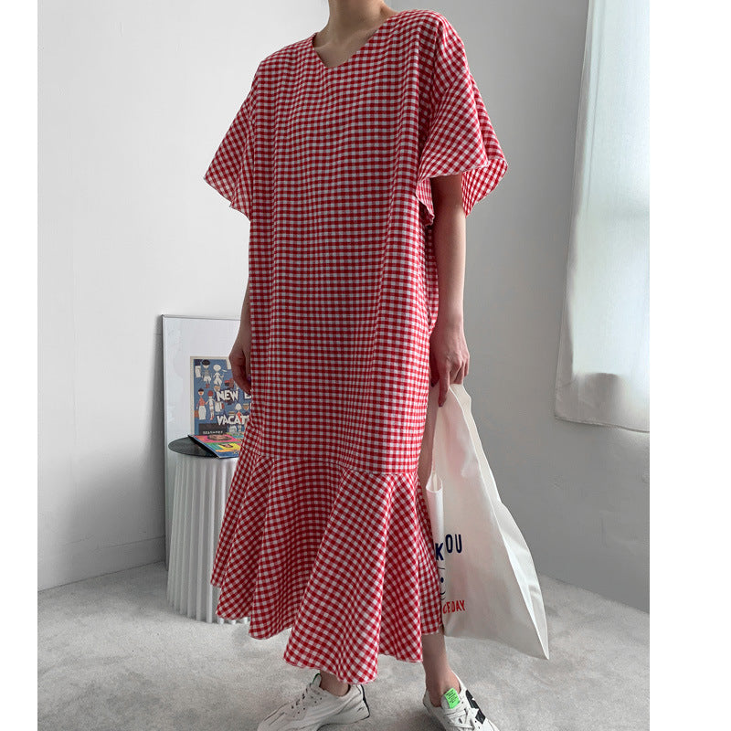 Vintage Summer Plaid Women Long Dresses-Dresses-Red-S-Free Shipping Leatheretro