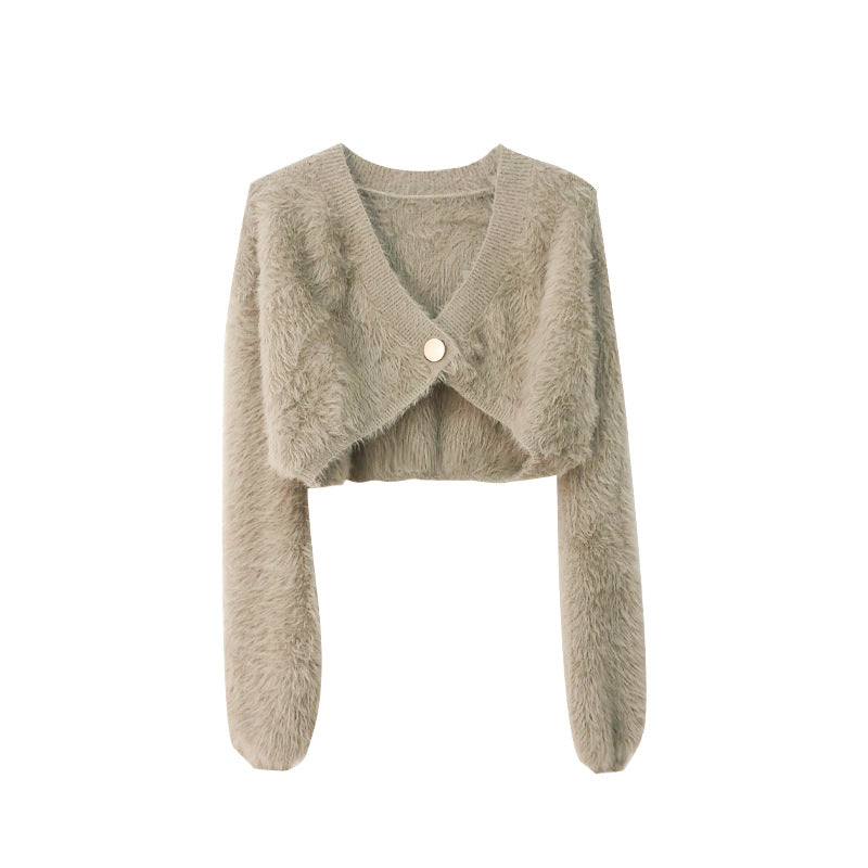 Fashion Short Knitted Mink Coats-Shirts & Tops-Khaki-One Size-Free Shipping Leatheretro