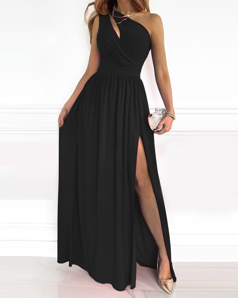 Sexy One Shoulder Split Front Summer Long Dresses-Maxi Dreses-Black-S-Free Shipping Leatheretro