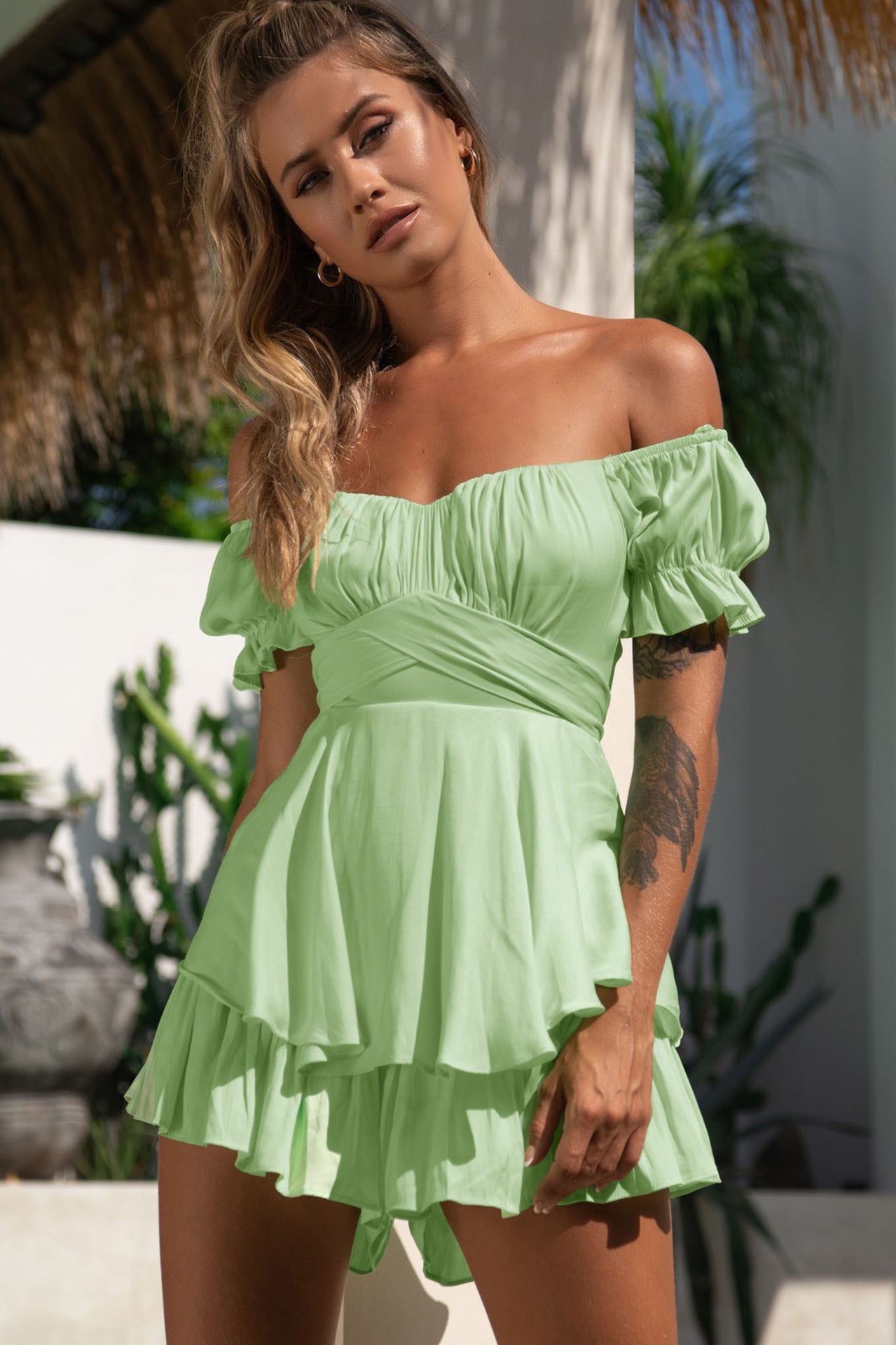 Sexy Off The Shoulder Bandage Short Jumpsuits-Dresses-Green-S-Free Shipping Leatheretro