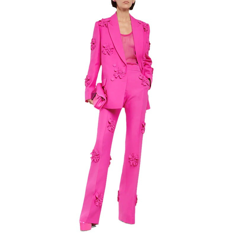 Luxury Designed 3d Floral Blazers & Trumpet Pants-Suits-Pink Top-S-Free Shipping Leatheretro