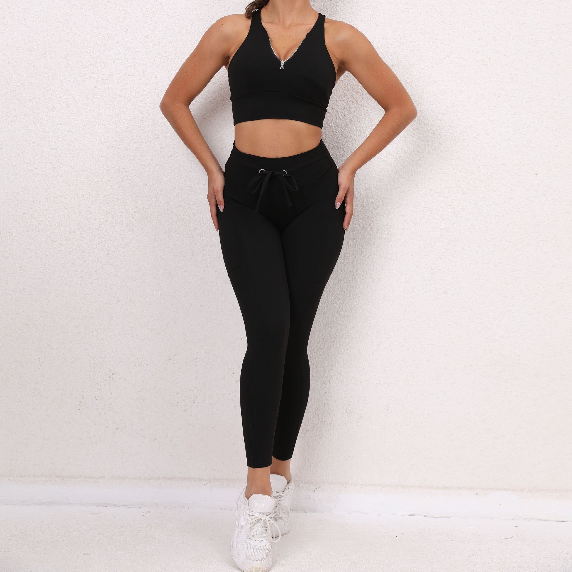 Sexy Drawstring Elastic Sports Yoga Suits for Women-Activewear-Black-S-Free Shipping Leatheretro