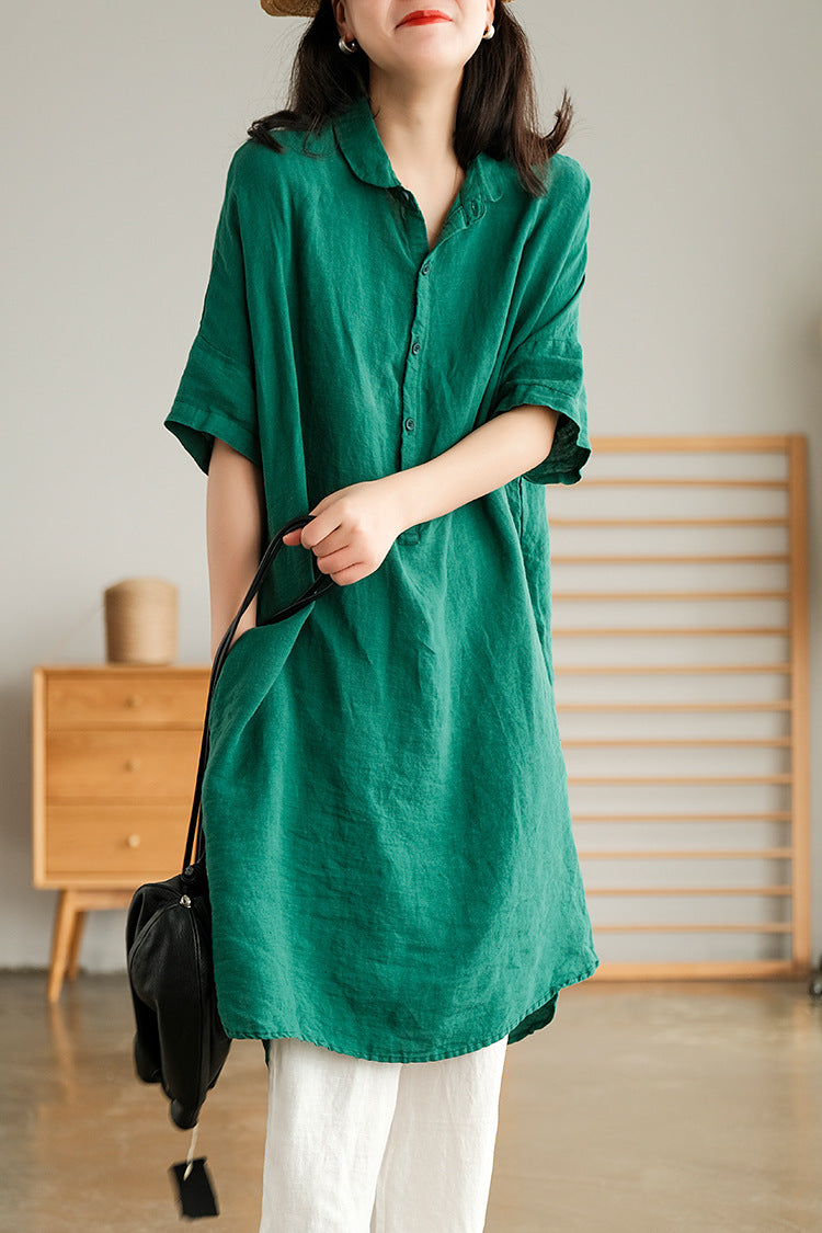 Vintage Linen Women Shirts Mni Dresses-Dresses-Green-One Size-Free Shipping Leatheretro