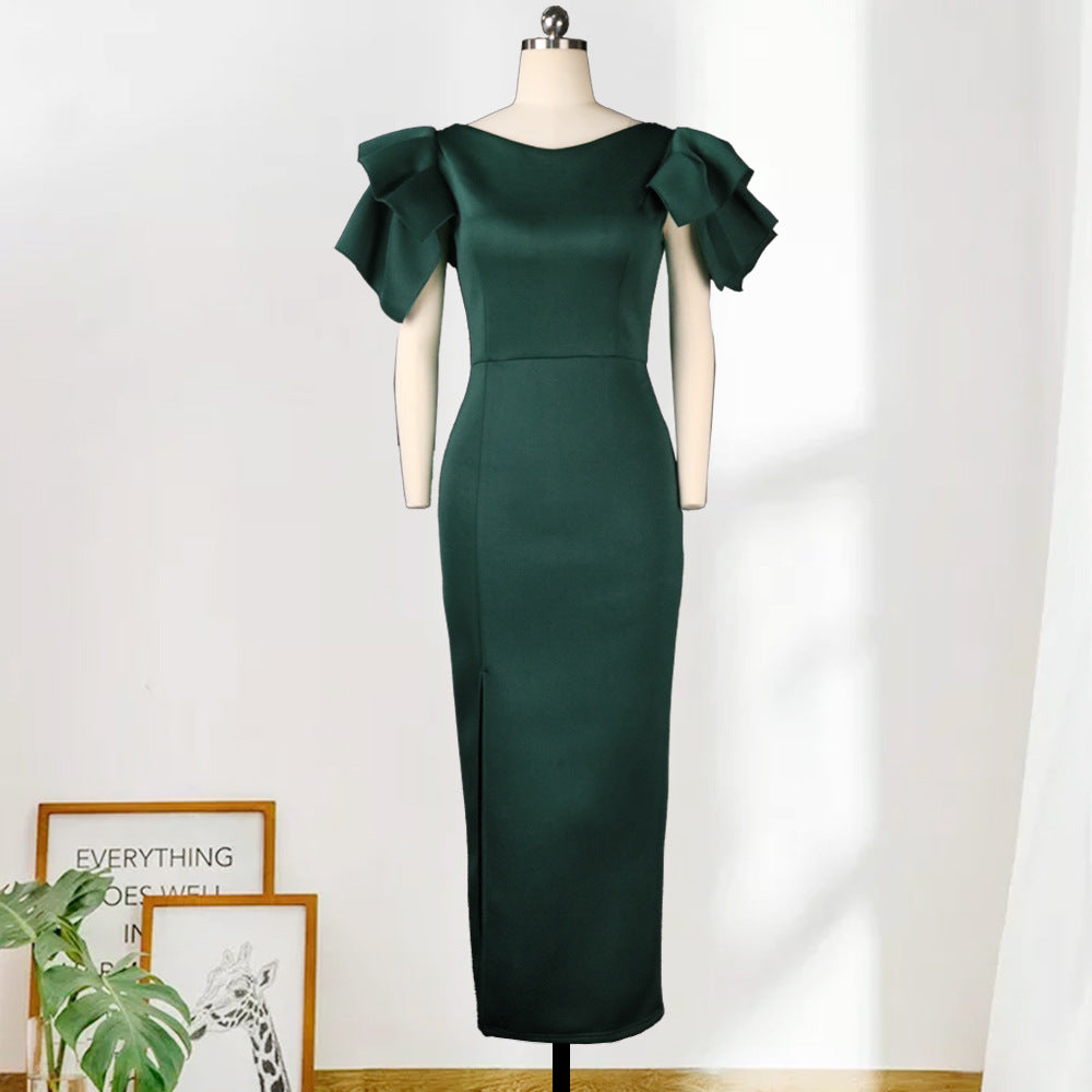 Sexy Ruffled Short Sleeves Women Green Evning Party Dresses-Dresses-Green-S-Free Shipping Leatheretro