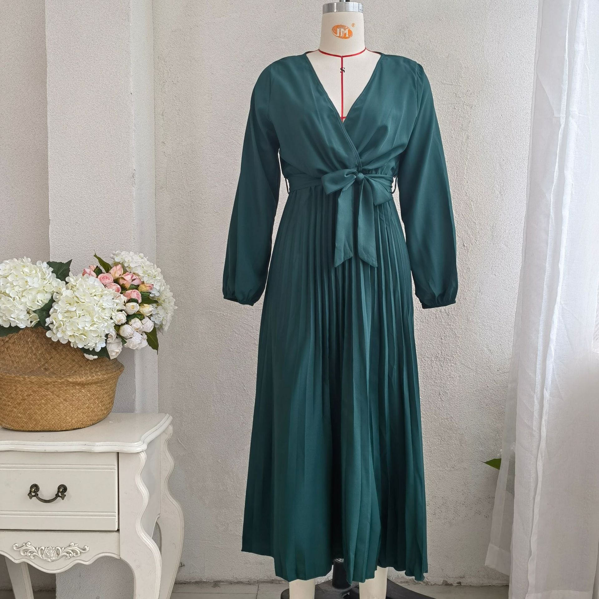 Classy V Neck Long Sleeves Midi Dresses-Dresses-Green-S-Free Shipping Leatheretro
